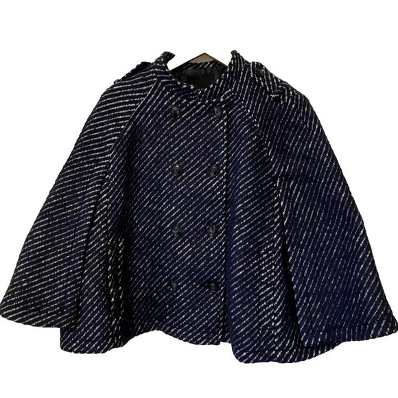 Banana Republic Women's Navy Wool Alpaca Mohair Poncho Shall Sz L Striped Luxury - Picture 1 of 16